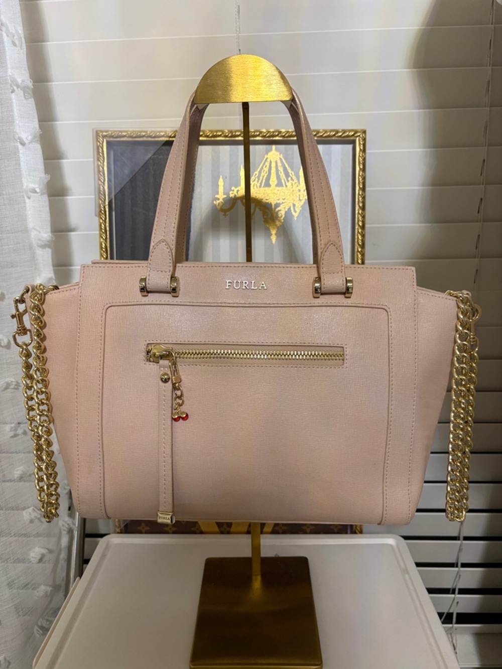 Furla Pale Pink Leather Tote with Gold Chain shoulder bag
